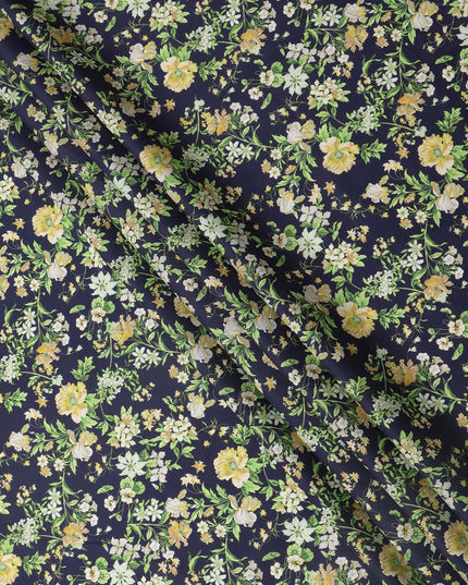 Navy Blue Base with Yellow and White Floral Print Pure Cotton Lawn Fabric, 140 Cms Width, Made in India-D26028