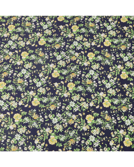 Navy Blue Base with Yellow and White Floral Print Pure Cotton Lawn Fabric, 140 Cms Width, Made in India-D26028