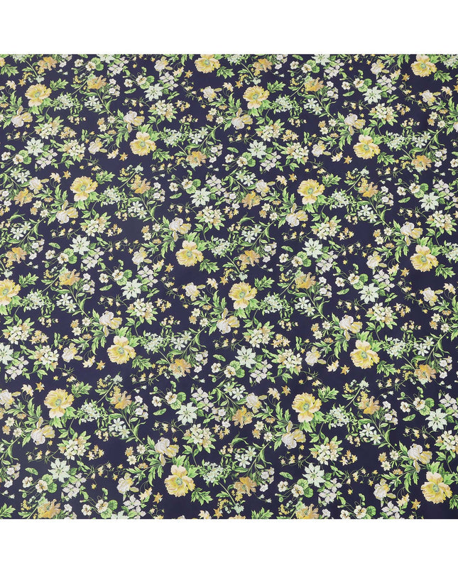 Navy Blue Base with Yellow and White Floral Print Pure Cotton Lawn Fabric, 140 Cms Width, Made in India-D26028