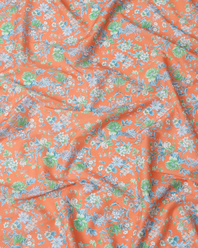 Peach Base with Green and Blue Floral Print Pure Cotton Lawn Fabric, 140 Cms Width, Made in India-D26014