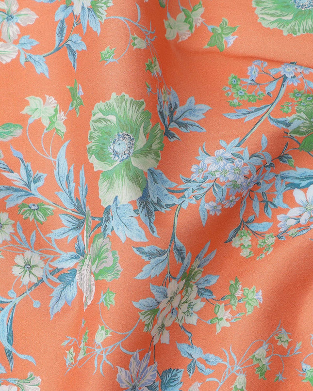 Peach Base with Green and Blue Floral Print Pure Cotton Lawn Fabric, 140 Cms Width, Made in India-D26014