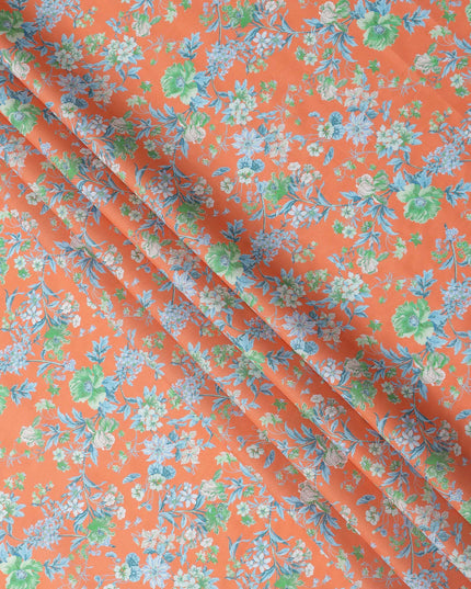 Peach Base with Green and Blue Floral Print Pure Cotton Lawn Fabric, 140 Cms Width, Made in India-D26014