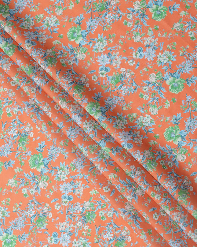 Peach Base with Green and Blue Floral Print Pure Cotton Lawn Fabric, 140 Cms Width, Made in India-D26014