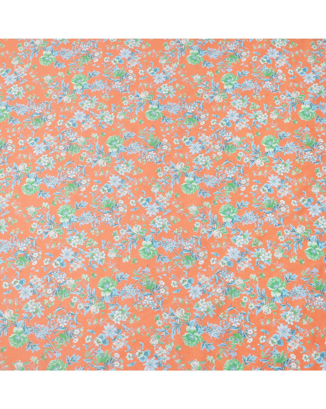 Peach Base with Green and Blue Floral Print Pure Cotton Lawn Fabric, 140 Cms Width, Made in India-D26014
