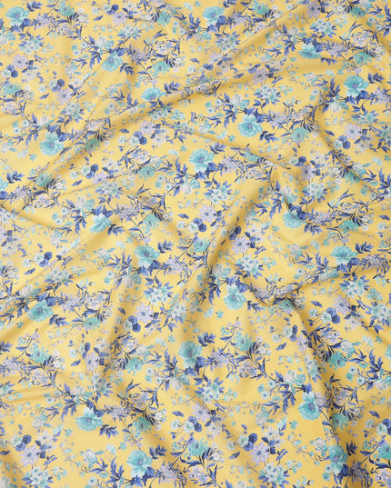 Yellow Base with Blue and White Floral Print Pure Cotton Lawn Fabric, 140 Cms Width, Made in India-D26015