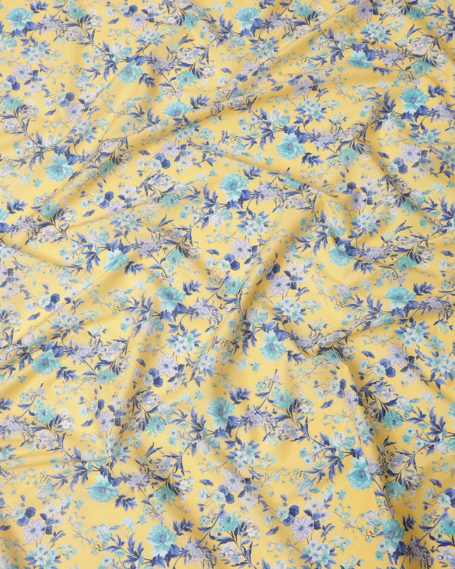Yellow Base with Blue and White Floral Print Pure Cotton Lawn Fabric, 140 Cms Width, Made in India-D26015