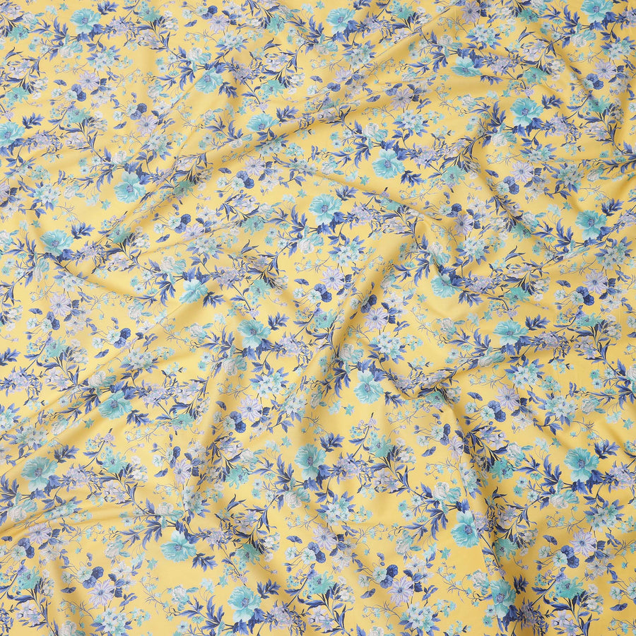 Yellow Base with Blue and White Floral Print Pure Cotton Lawn Fabric, 140 Cms Width, Made in India-D26015