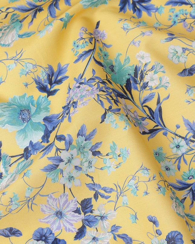 Yellow Base with Blue and White Floral Print Pure Cotton Lawn Fabric, 140 Cms Width, Made in India-D26015