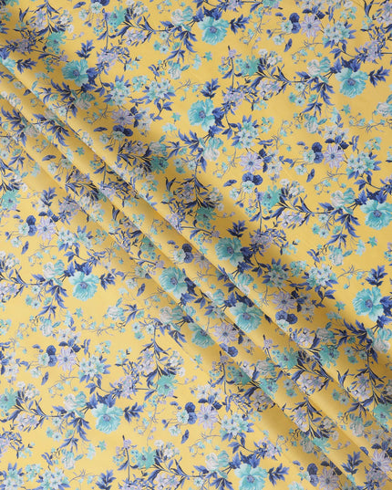 Yellow Base with Blue and White Floral Print Pure Cotton Lawn Fabric, 140 Cms Width, Made in India-D26015