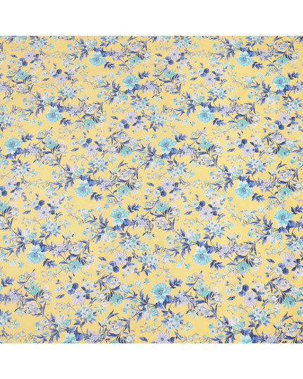 Yellow Base with Blue and White Floral Print Pure Cotton Lawn Fabric, 140 Cms Width, Made in India-D26015