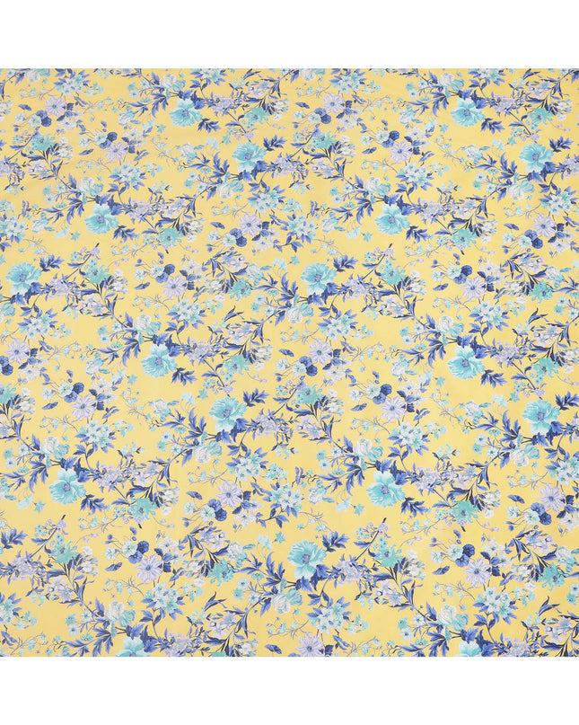 Yellow Base with Blue and White Floral Print Pure Cotton Lawn Fabric, 140 Cms Width, Made in India-D26015