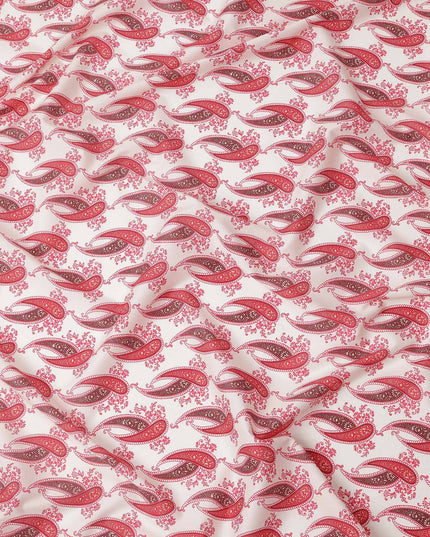 White Base with Red Paisley Print Pure Cotton Lawn Fabric, 140 Cms Width, Made in India-D26017