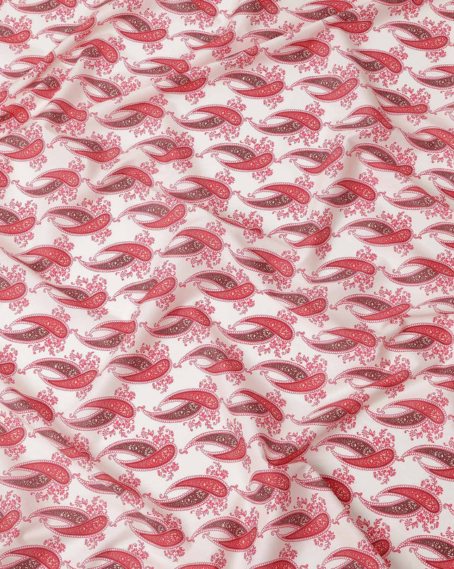 White Base with Red Paisley Print Pure Cotton Lawn Fabric, 140 Cms Width, Made in India-D26017
