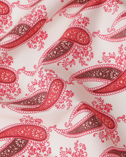 White Base with Red Paisley Print Pure Cotton Lawn Fabric, 140 Cms Width, Made in India-D26017