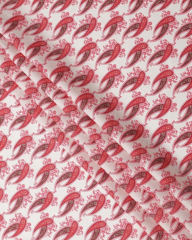 White Base with Red Paisley Print Pure Cotton Lawn Fabric, 140 Cms Width, Made in India-D26017