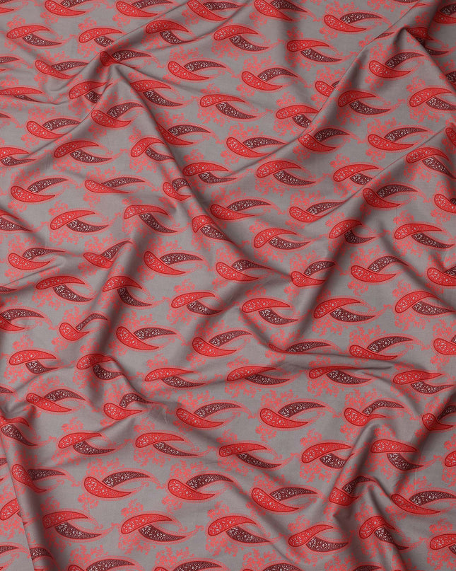 Grey Base with Red Paisley Print Pure Cotton Lawn Fabric, 140 Cms Width, Made in India-D26018