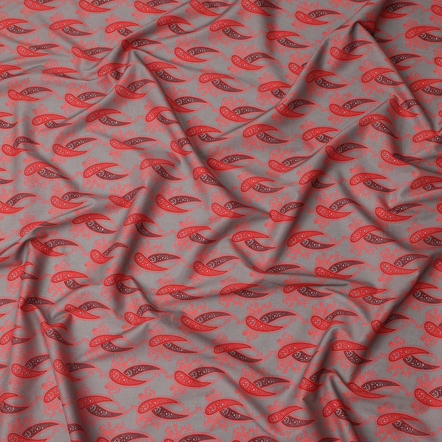 Grey Base with Red Paisley Print Pure Cotton Lawn Fabric, 140 Cms Width, Made in India-D26018