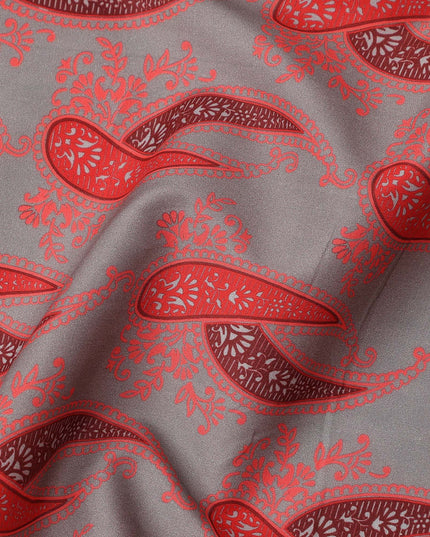 Grey Base with Red Paisley Print Pure Cotton Lawn Fabric, 140 Cms Width, Made in India-D26018