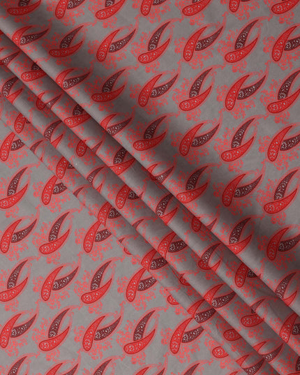 Grey Base with Red Paisley Print Pure Cotton Lawn Fabric, 140 Cms Width, Made in India-D26018