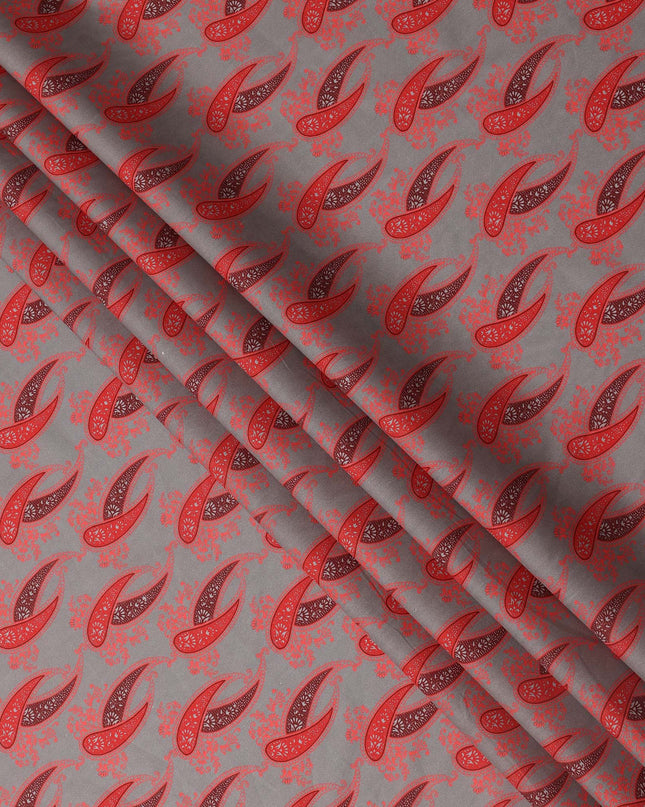 Grey Base with Red Paisley Print Pure Cotton Lawn Fabric, 140 Cms Width, Made in India-D26018