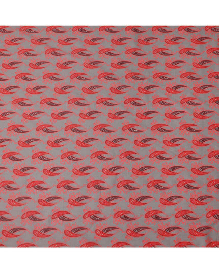 Grey Base with Red Paisley Print Pure Cotton Lawn Fabric, 140 Cms Width, Made in India-D26018