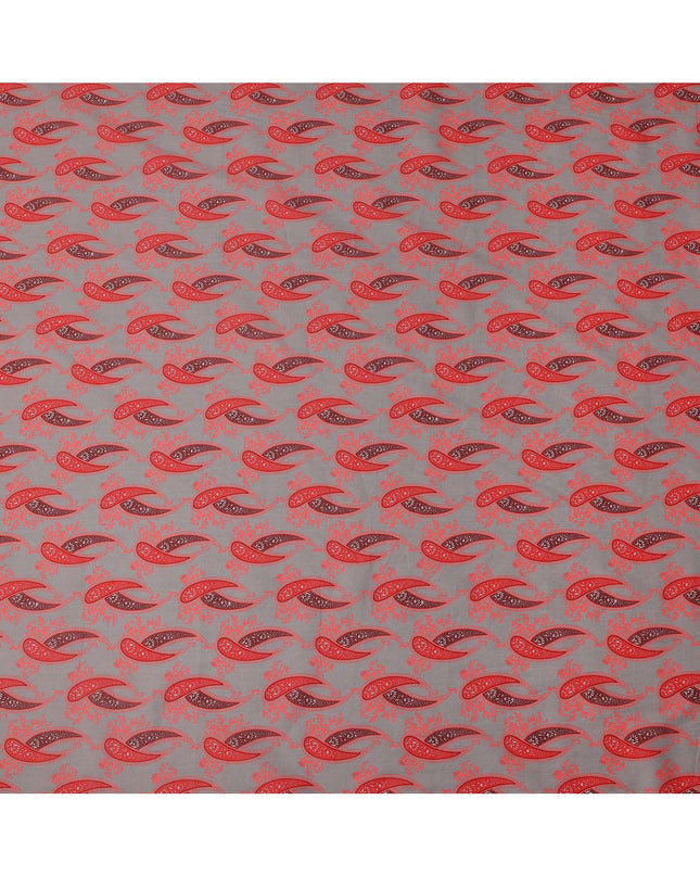 Grey Base with Red Paisley Print Pure Cotton Lawn Fabric, 140 Cms Width, Made in India-D26018