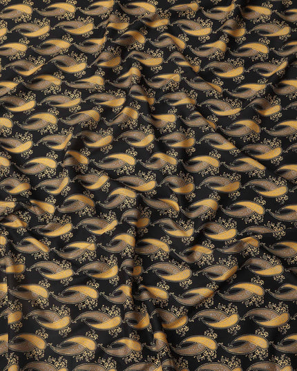 Black Base with Golden Paisley Print Pure Cotton Lawn Fabric, 140 Cms Width, Made in India-D26016