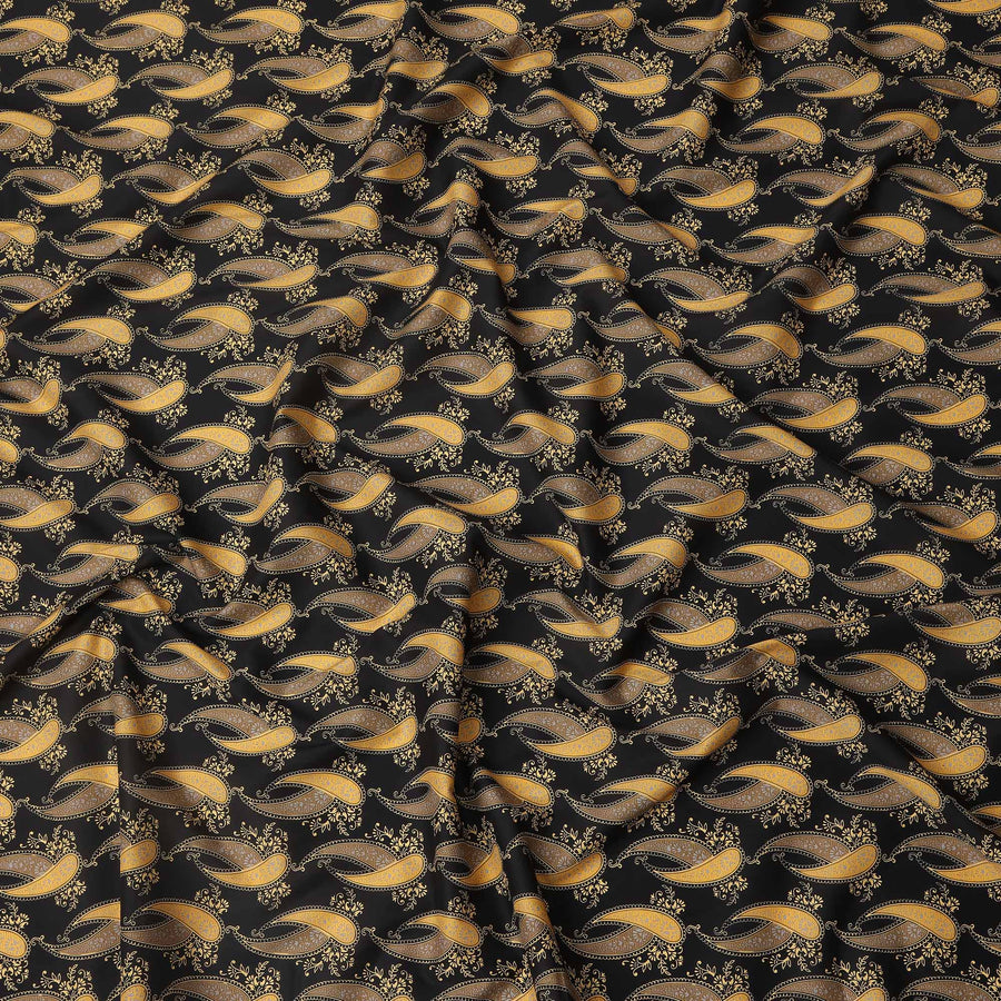 Black Base with Golden Paisley Print Pure Cotton Lawn Fabric, 140 Cms Width, Made in India-D26016