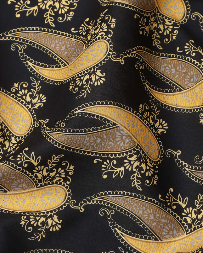 Black Base with Golden Paisley Print Pure Cotton Lawn Fabric, 140 Cms Width, Made in India-D26016