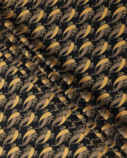 Black Base with Golden Paisley Print Pure Cotton Lawn Fabric, 140 Cms Width, Made in India-D26016