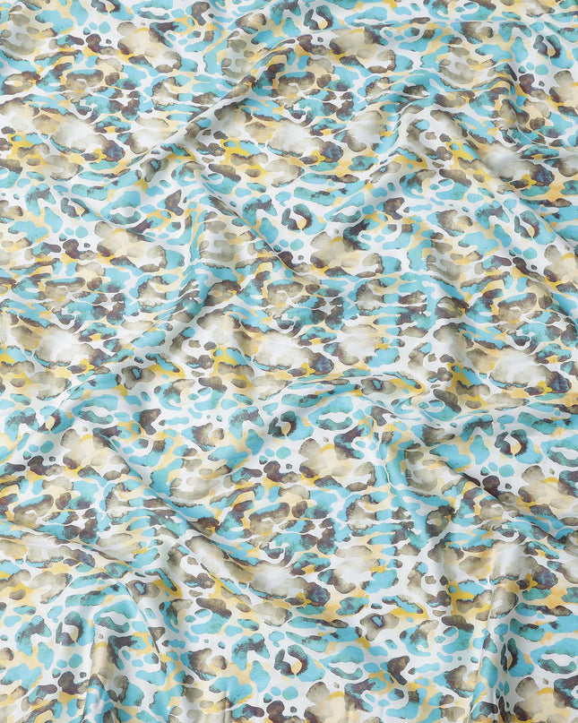 Aqua Blue and Yellow Abstract Animal Print Pure Cotton Satin Fabric, 140 Cms Width, Made in India-D26026