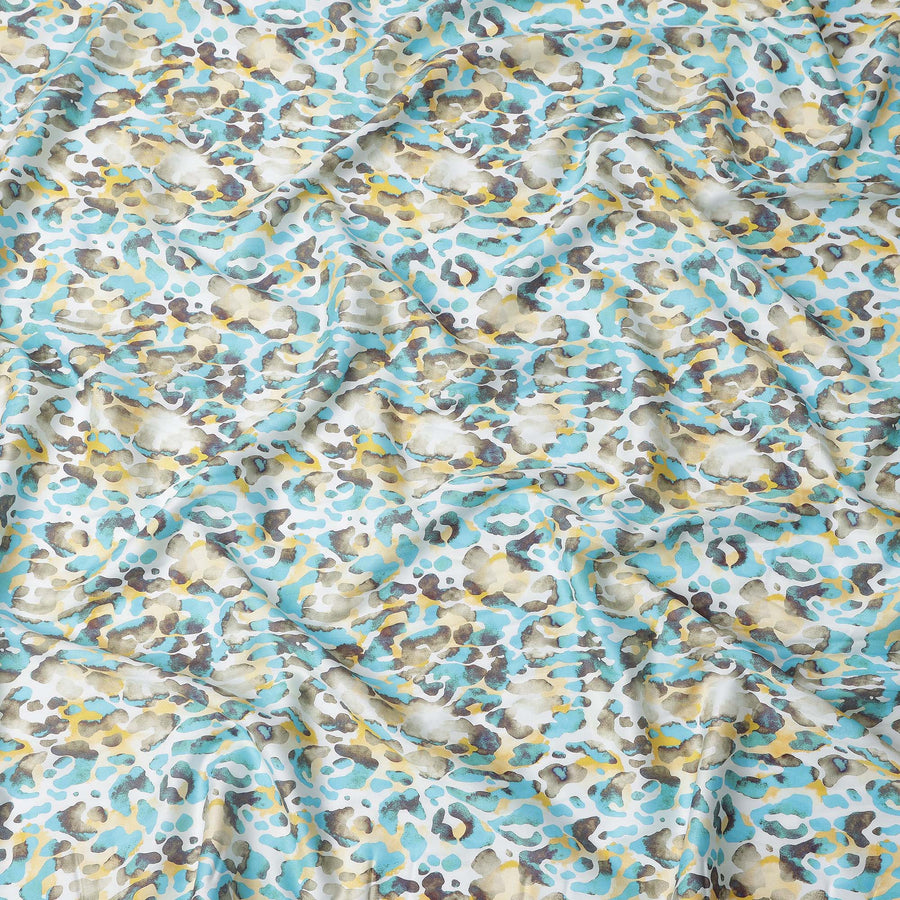 Aqua Blue and Yellow Abstract Animal Print Pure Cotton Satin Fabric, 140 Cms Width, Made in India-D26026