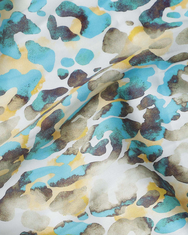 Aqua Blue and Yellow Abstract Animal Print Pure Cotton Satin Fabric, 140 Cms Width, Made in India-D26026