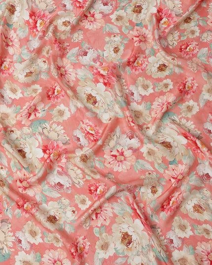 Peach and White Floral Printed Viscose Modal Satin Fabric, 110 Cms Width, Made in India-D26254