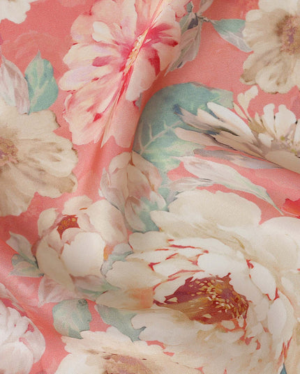 Peach and White Floral Printed Viscose Modal Satin Fabric, 110 Cms Width, Made in India-D26254