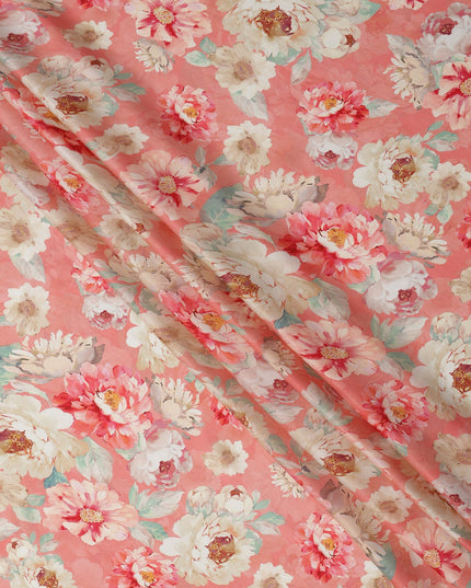 Peach and White Floral Printed Viscose Modal Satin Fabric, 110 Cms Width, Made in India-D26254