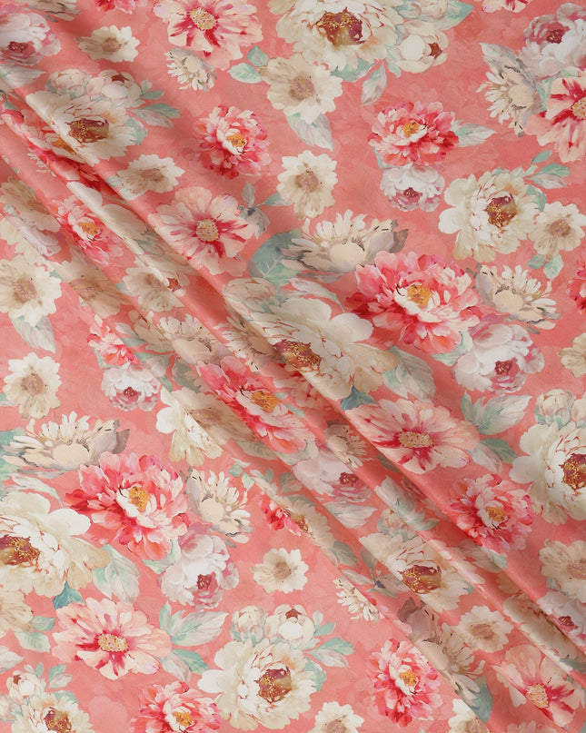 Peach and White Floral Printed Viscose Modal Satin Fabric, 110 Cms Width, Made in India-D26254