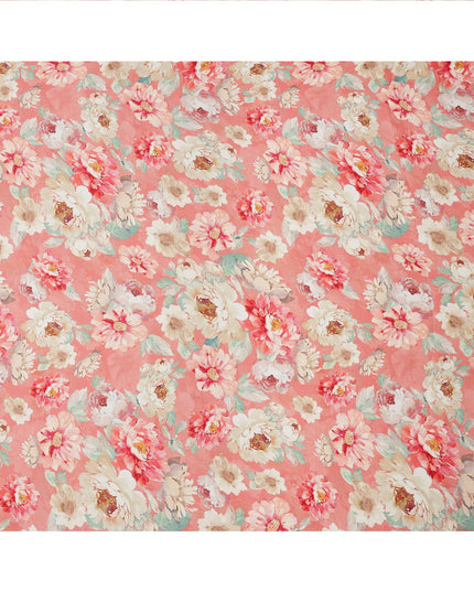 Peach and White Floral Printed Viscose Modal Satin Fabric, 110 Cms Width, Made in India-D26254