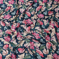 Navy Blue and Pink Floral Printed Viscose Modal Satin Fabric, 110 Cms Width, Made in India-D26253