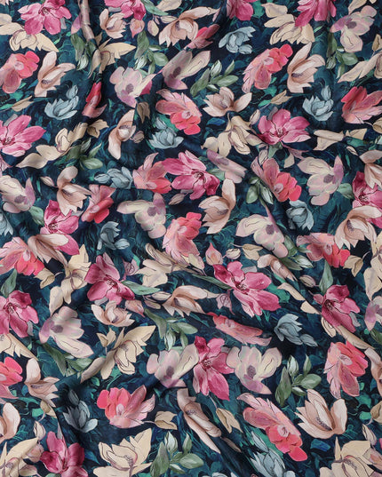 Navy Blue and Pink Floral Printed Viscose Modal Satin Fabric, 110 Cms Width, Made in India-D26253