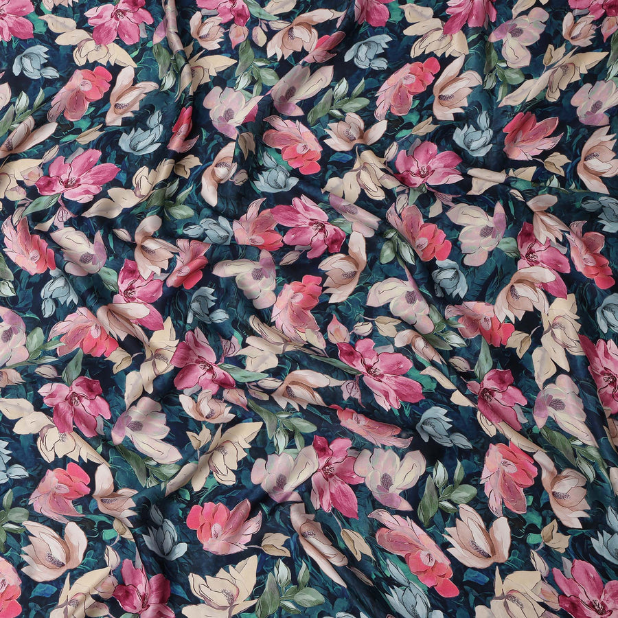 Navy Blue and Pink Floral Printed Viscose Modal Satin Fabric, 110 Cms Width, Made in India-D26253