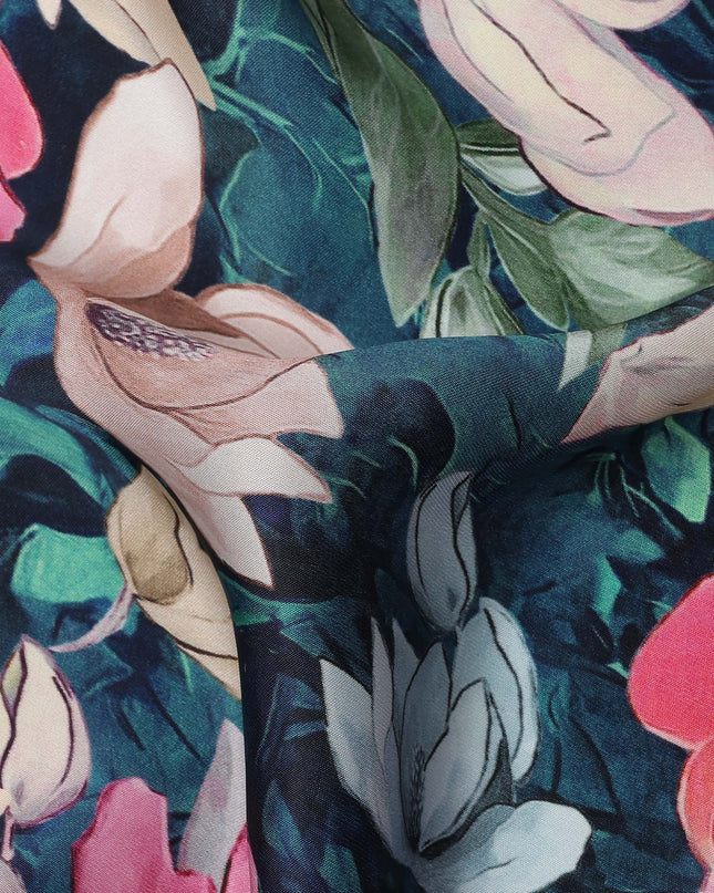 Navy Blue and Pink Floral Printed Viscose Modal Satin Fabric, 110 Cms Width, Made in India-D26253