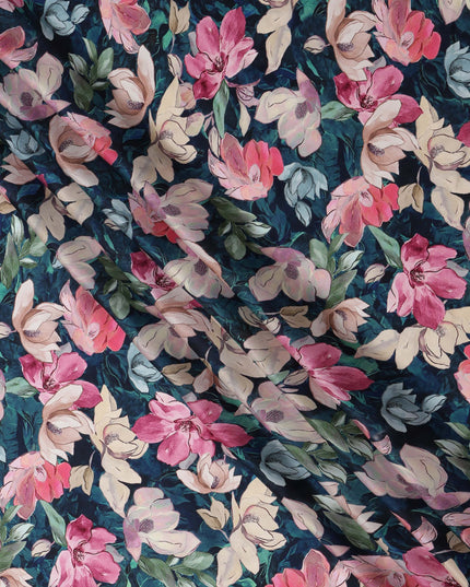 Navy Blue and Pink Floral Printed Viscose Modal Satin Fabric, 110 Cms Width, Made in India-D26253