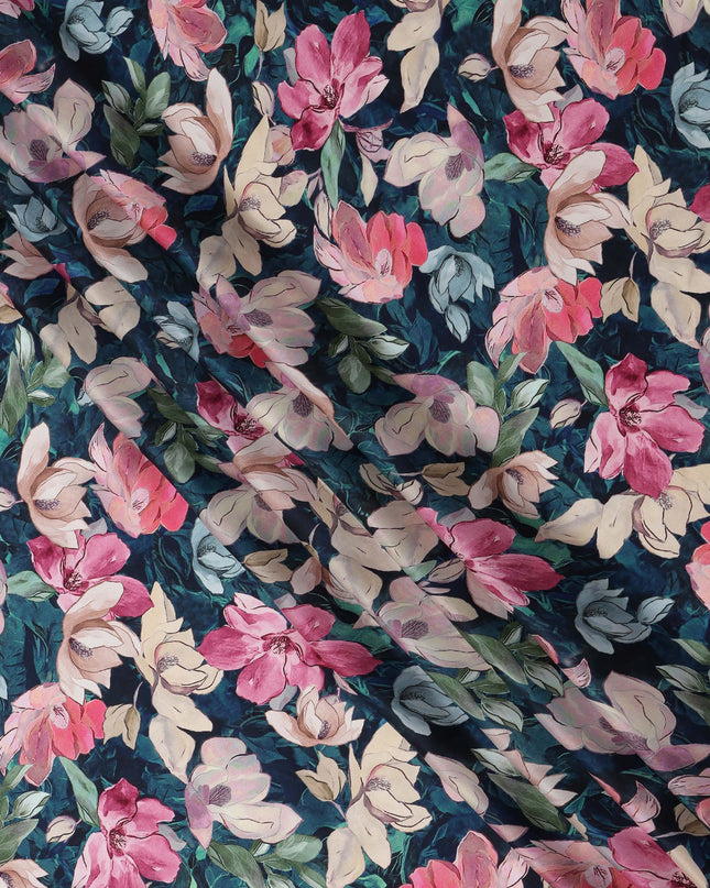 Navy Blue and Pink Floral Printed Viscose Modal Satin Fabric, 110 Cms Width, Made in India-D26253