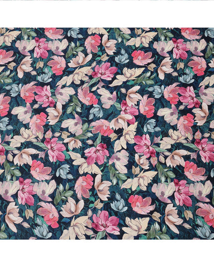 Navy Blue and Pink Floral Printed Viscose Modal Satin Fabric, 110 Cms Width, Made in India-D26253