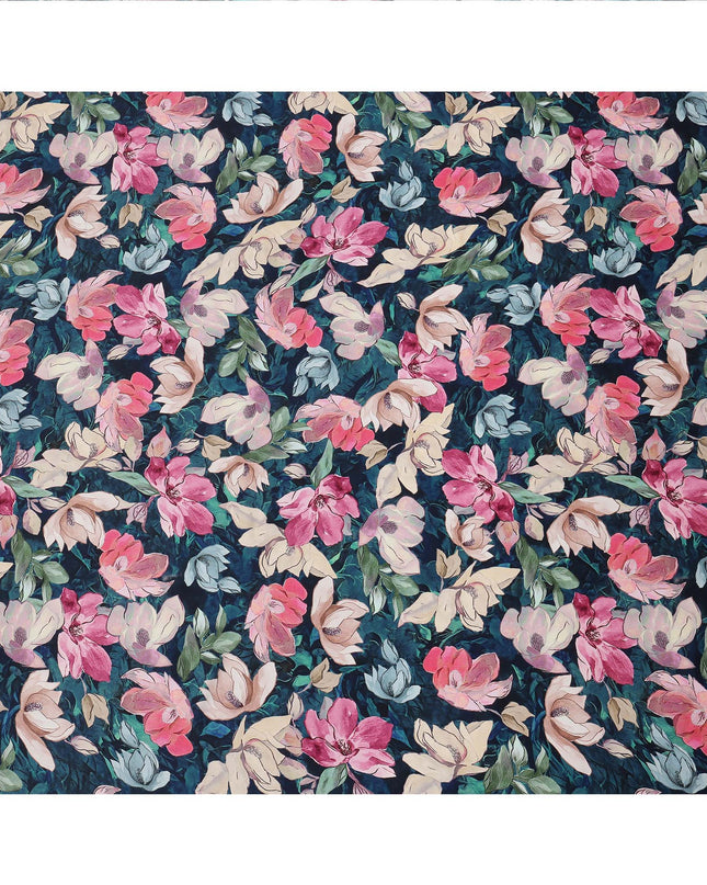 Navy Blue and Pink Floral Printed Viscose Modal Satin Fabric, 110 Cms Width, Made in India-D26253