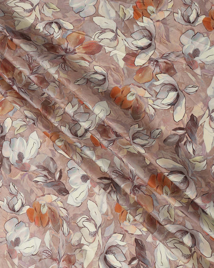 Dusty Rose and Ivory Floral Printed Viscose Modal Satin Fabric, 110 Cms Width, Made in India-D26250