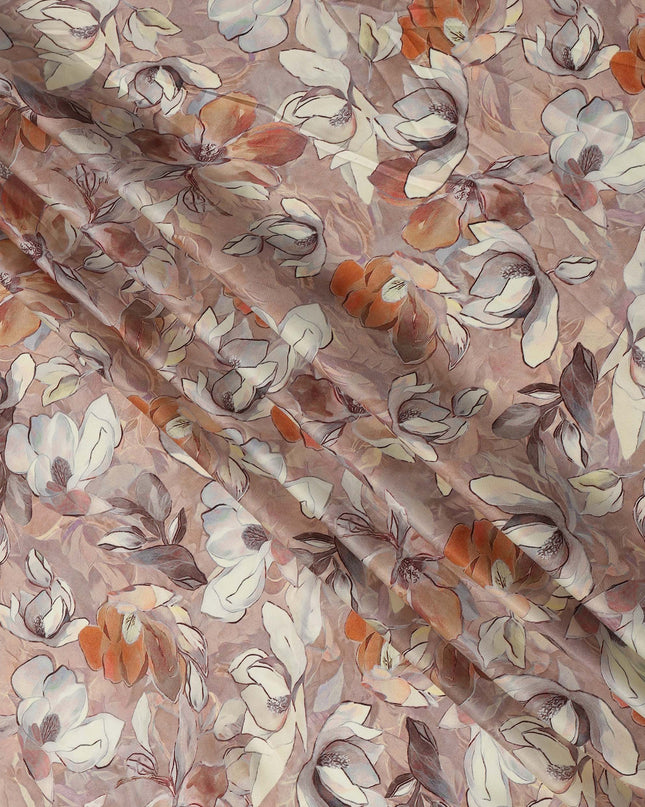 Dusty Rose and Ivory Floral Printed Viscose Modal Satin Fabric, 110 Cms Width, Made in India-D26250