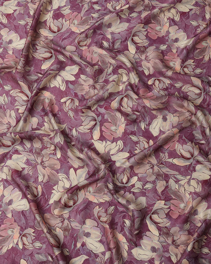 Mauve and Beige Floral Printed Viscose Modal Satin Fabric, 110 Cms Width, Made in India-D26255