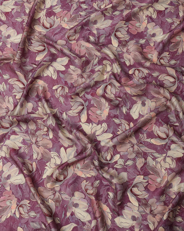 Mauve and Beige Floral Printed Viscose Modal Satin Fabric, 110 Cms Width, Made in India-D26255